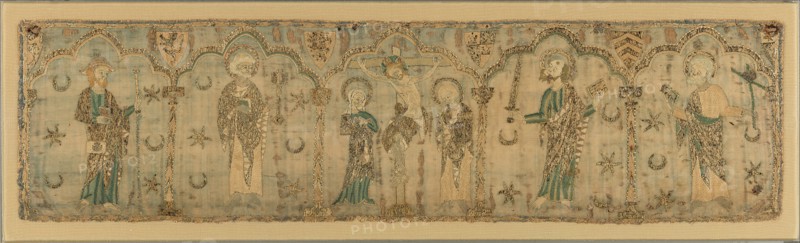 Crucifixion flanked by Saints, British, ca. 1270 (probably before 1272). Crucifixion of Jesus witnessed by Saint John, the Virgin, and saints James the Greater (with a satchel), Peter (with a key), Paul (with a sword), and Andrew (with an X-shaped cross).