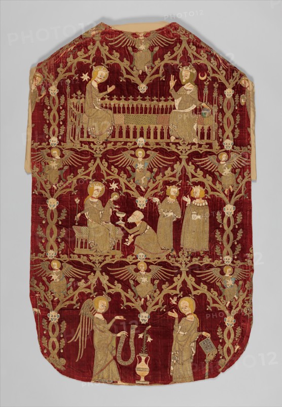 Chasuble (Opus Anglicanum), British, ca. 1330-50. Coronation of the Virgin, the Adoration of the Magi, and the Annunciation