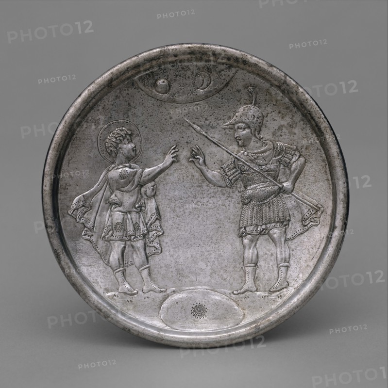 Plate with David's Confrontation with Eliab, Byzantine, 629-630.  Eliab, accusing David of neglecting his duty as a shepherd to watch the battle with Goliath (1 Samuel 17:28-30).
