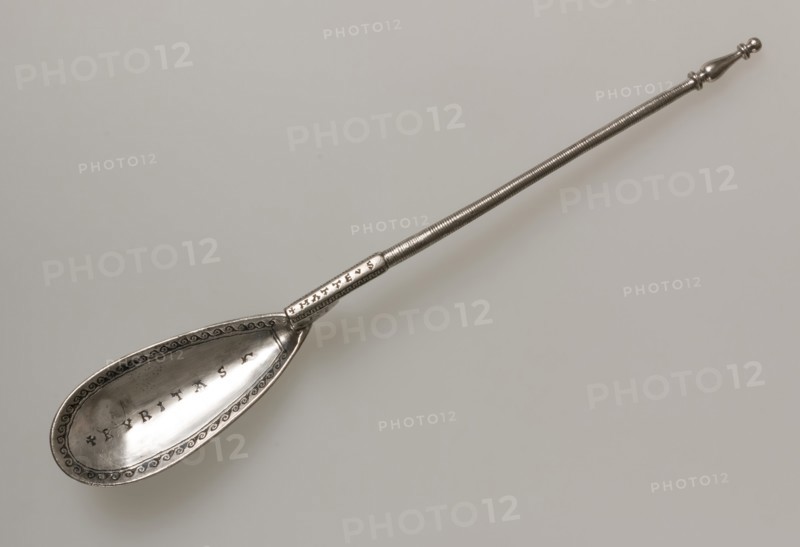 Silver Spoon, Byzantine, mid-6th-mid-7th century. Inscription in Latin: puritas, or "purity."