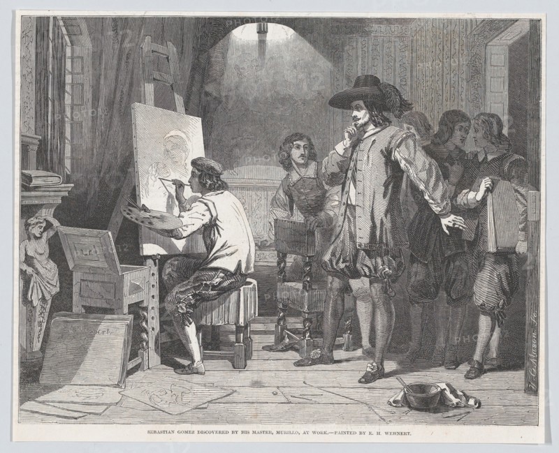 Sebastian Gomez Discovered by His Master, Murillo, At Work, from "Illustrated London News", April 29, 1848.