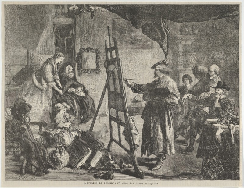 L'Atelier de Rembrandt, tableau de J. Gilbert (Rembrandt's Studio, a painting by J. Gilbert), from "L'Univers Illustré," p. 395, November 14, 1861.