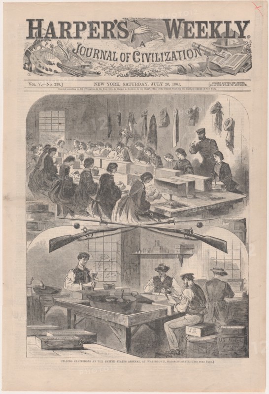 Filling Cartridges at the United States Arsenal, at Watertown, Massachusetts (Harper's Weekly, Vol. V), July 20, 1861.
