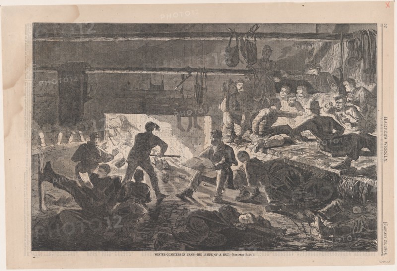 Winter Quarters in Camp - The Inside of a Hut (Harper's Weekly, Vol. VII), January 24, 1863.
