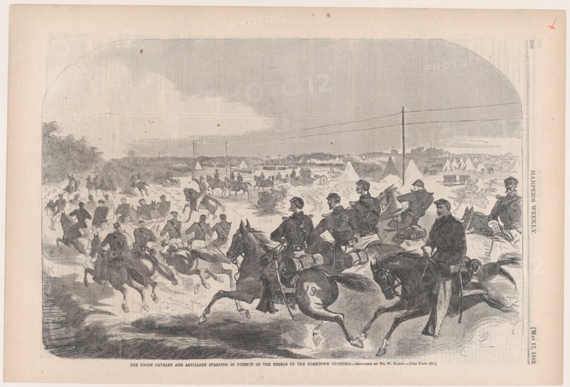 The Union Cavalry and Artillery Starting in Pursuit of the Rebels up the Yorktown Turnpike (Harper's Weekly, Vol. VI), May 17, 1862.