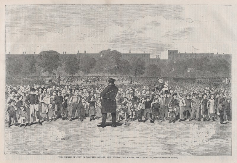 The Fourth of July in Tompkins Square, New York - "The Sogers Are Coming" (Harper..., July 11, 1868. Creator: Unknown.
