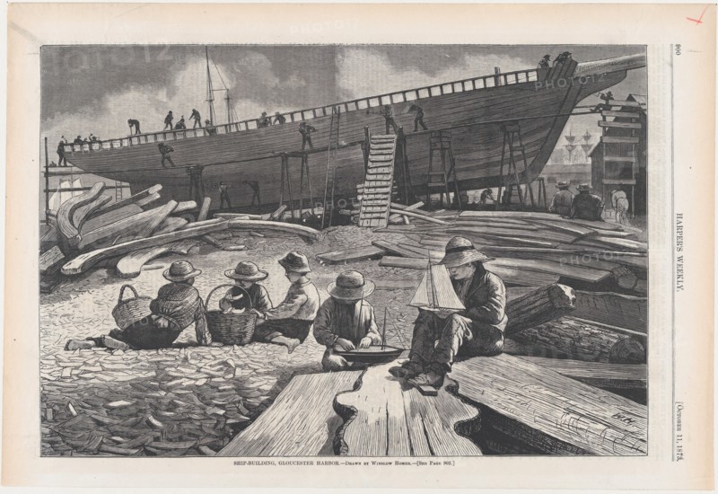 Ship-Building, Gloucester Harbor (Harper's Weekly, Vol. XVII), October 11, 1873.