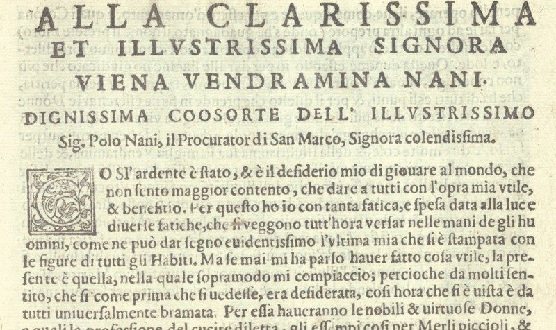 Corona delle Nobili et Virtuose Donne: Libro I-IV, page 2 (recto), 1601. [Dedication to Viena Vendramina Nani, consort of Polo Nani, procurator of San Marco].