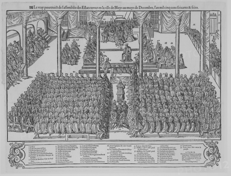 Le vray pourtraict de l'assemblee des Estats tenuz en la ville de Bloys au moys de Decembre, l'an mil cinq cens soixante & seize, 1577. [King Henry III of France at a meeting of cardinals, bishops and noblemen in Blois, December 1576].