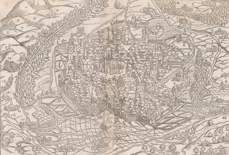 La cosmographie universelle de tout le monde, volume 1, 1575. [La peincture de la cite de Colmar, et du pays circonvoisin - map of Colmar].