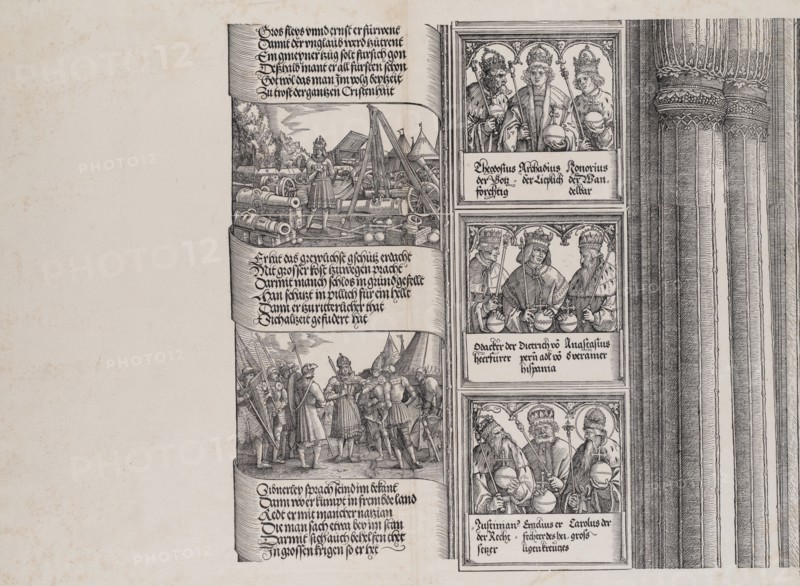 Maximilian as Commander-in-Chief; and Maximilian Conversing in Seven Languages; with Portraits of Emperors and Kings (Maximilian's Forerunners), from the Arch of Honor, proof, dated 1515, printed 1517-18, 1515.