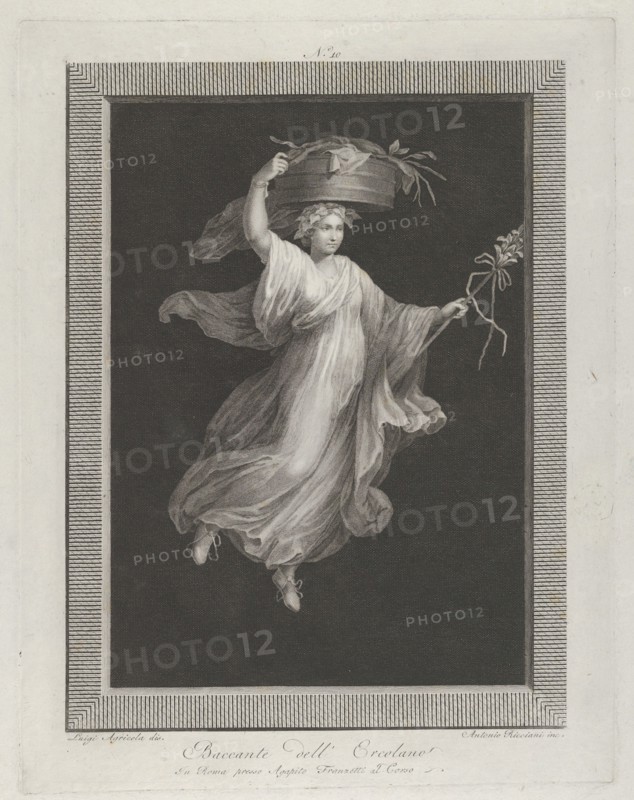 A bacchante carrying a large basket on her head and holding a staff in her le...