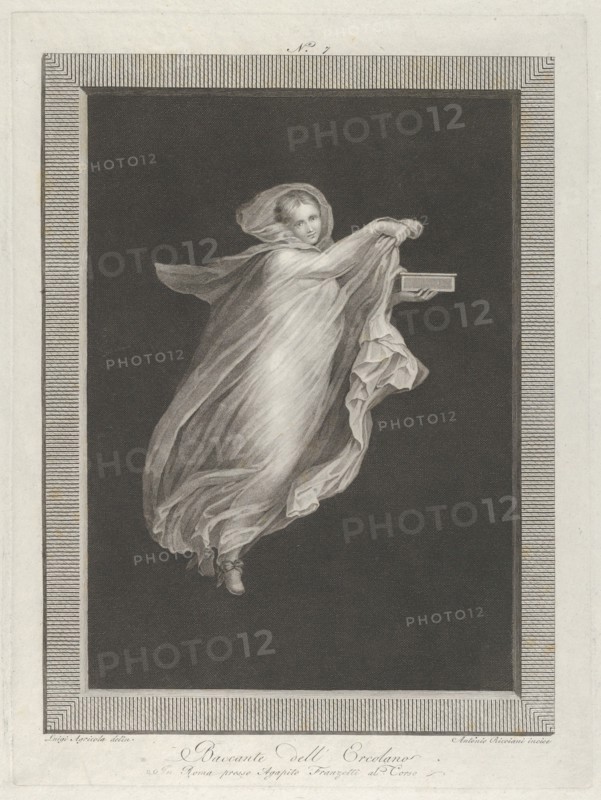A bacchante wearing a hooded shawl and holding a box in her left hand