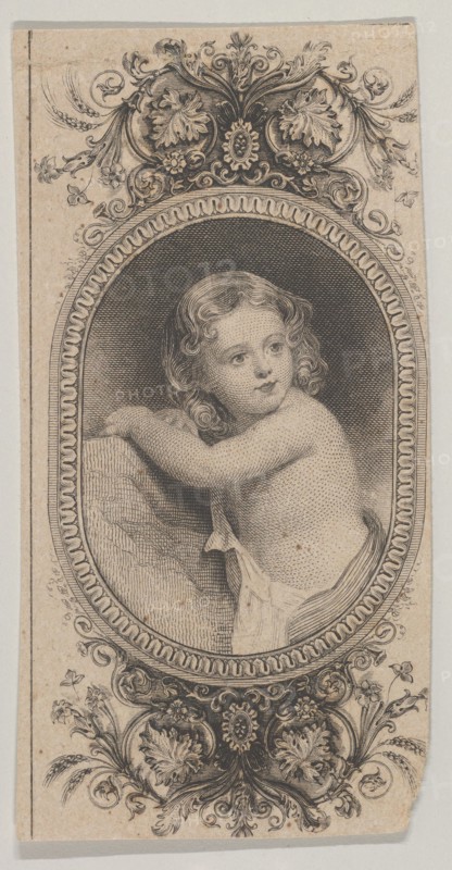 Banknote motif: a child's portrait and two patterned ovals surrounded by a floral f...