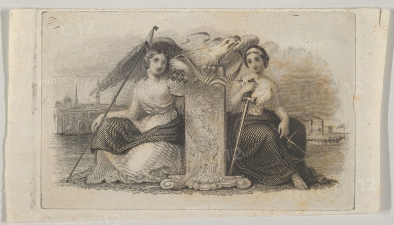 Banknote vignette with female figures representing Liberty and Justice