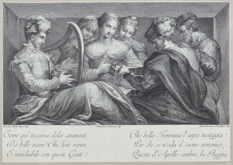 A group of elegantly dressed people playing the harp and a guitar