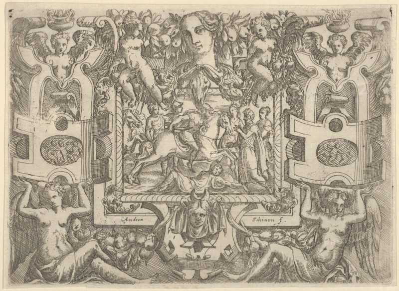 Figure on horseback holding a sword and riding over a figure lying on the ground