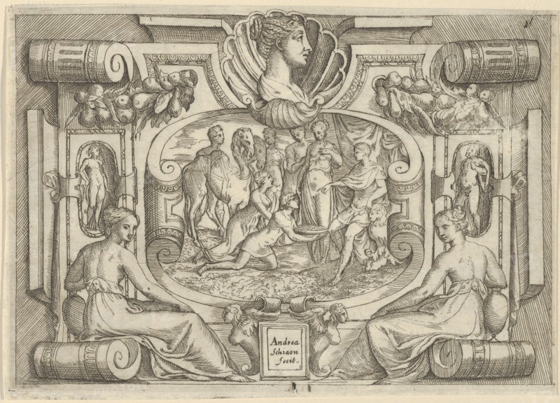 A man and woman offering a platter of coins to a king seated on a throne