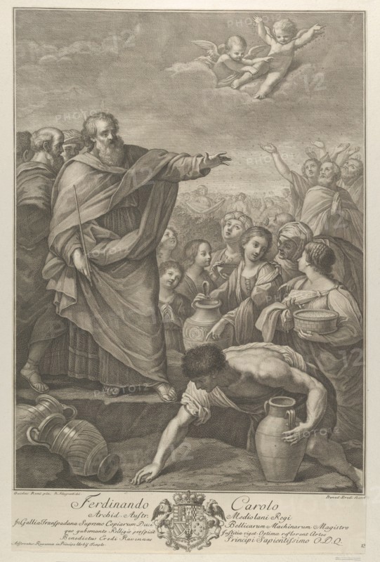 Moses at left with the Israelites who gather manna as it falls from the sky