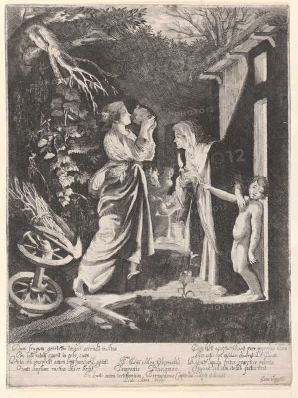 The Mocking of Ceres: a nocturnal scene with Ceres drinking from a jug of water given to h...