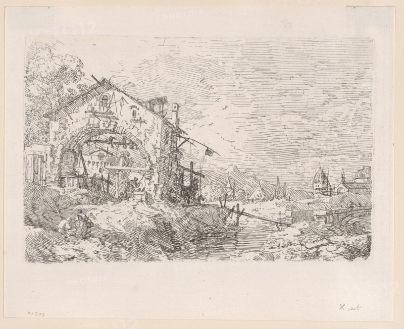 Woman drawing water from a well beneath an arcade at left