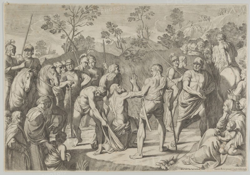 Saint Andrew kneeling in prayer as he is led to the cross