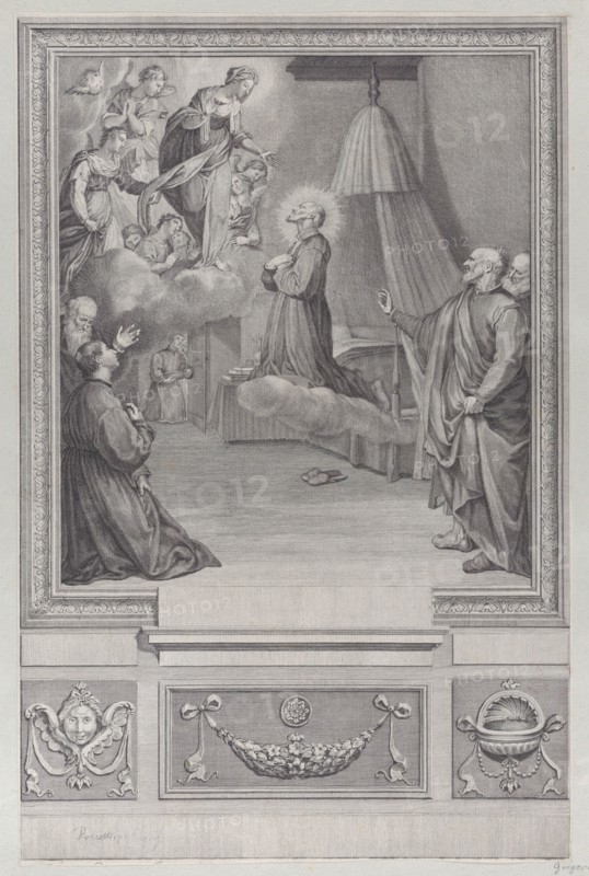 Saint kneeling before a vision of the Virgin Mary.