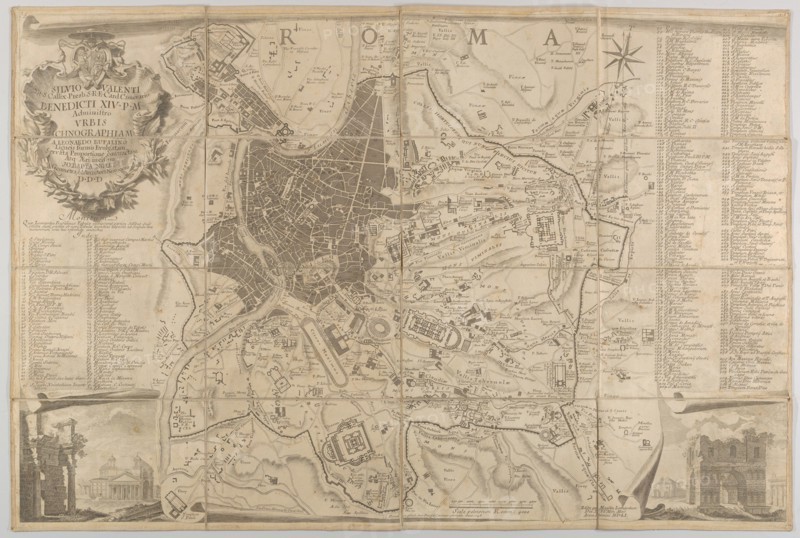 Plan of ancient Rome with a view of the Pantheon lower left and a triumphal arch lower rig...