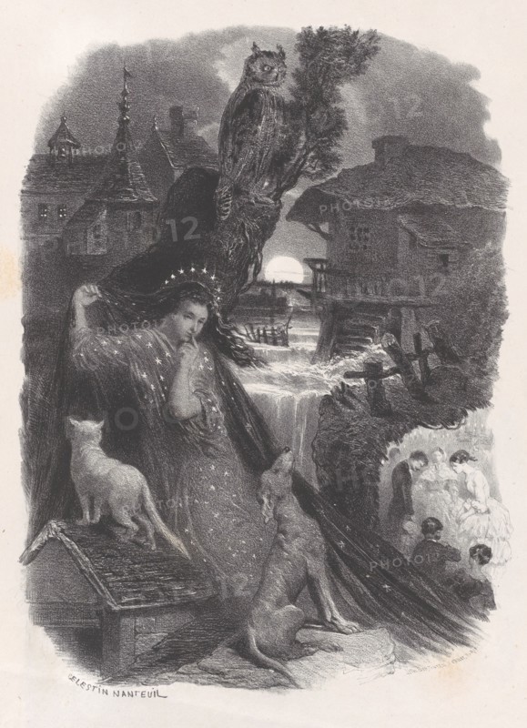 Night; vignette of girl in 18th century costume picking roses on verso