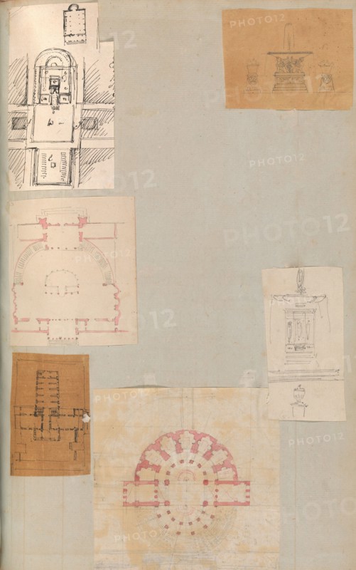Page from a Scrapbook containing Drawings and Several Prints of Architecture