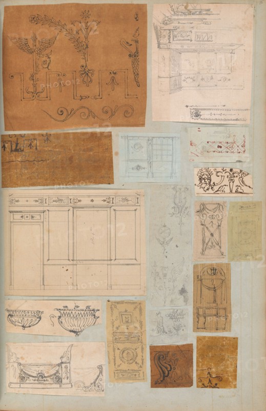 Page from a Scrapbook containing Drawings and Several Prints of Architecture