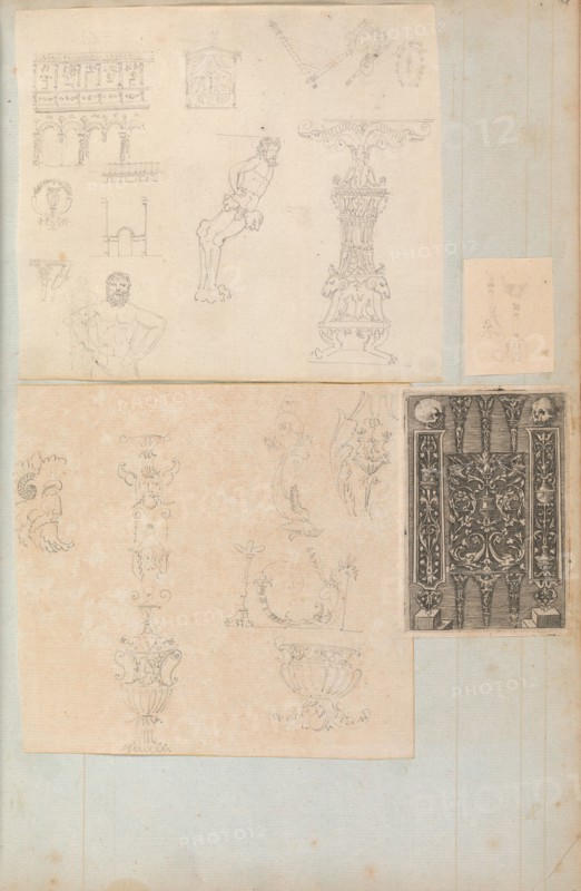 Page from a Scrapbook containing Drawings and Several Prints of Architecture