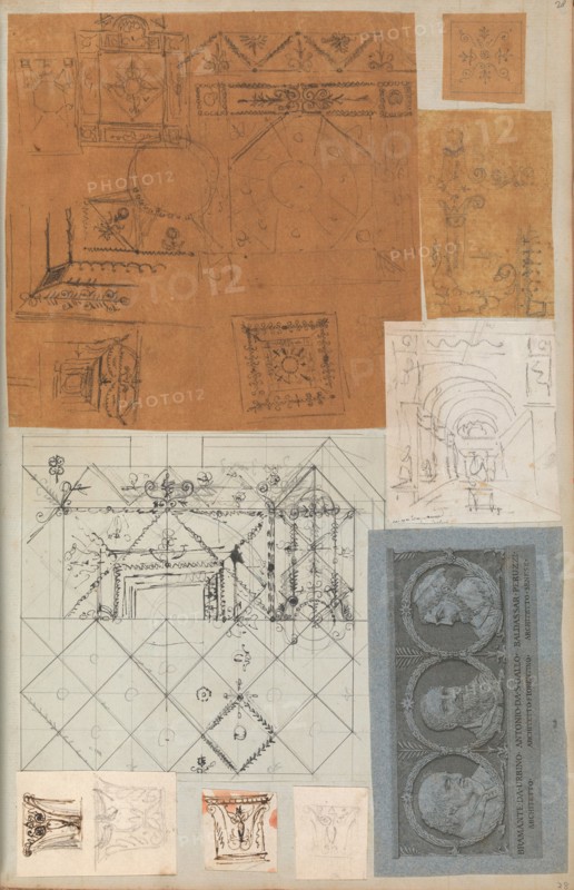 Page from a Scrapbook containing Drawings and Several Prints of Architecture