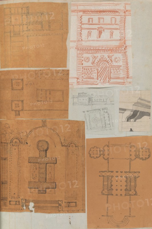 Page from a Scrapbook containing Drawings and Several Prints of Architecture