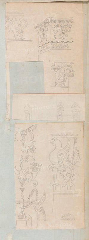 Page from a Scrapbook containing Drawings and Several Prints of Architecture