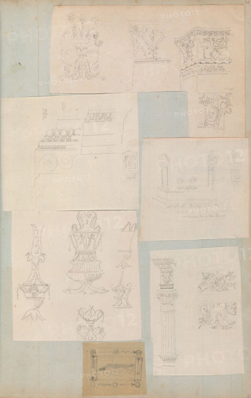 Page from a Scrapbook containing Drawings and Several Prints of Architecture
