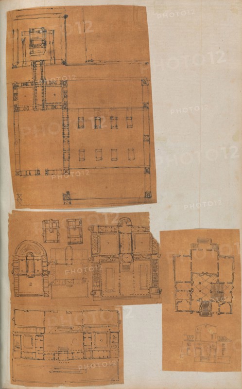 Page from a Scrapbook containing Drawings and Several Prints of Architecture