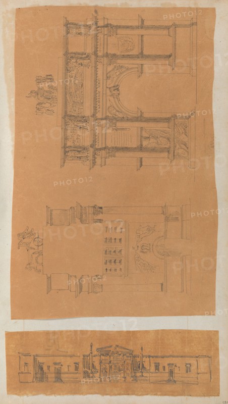 Page from a Scrapbook containing Drawings and Several Prints of Architecture