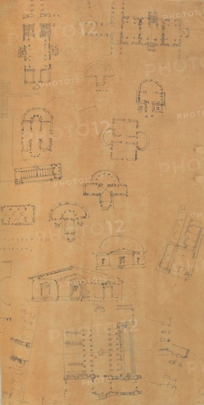 Page from a Scrapbook containing Drawings and Several Prints of Architecture