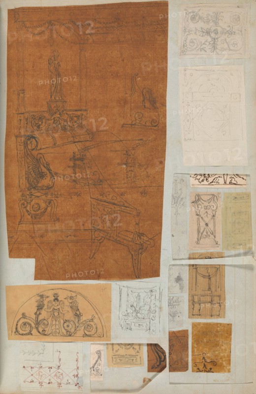 Page from a Scrapbook containing Drawings and Several Prints of Architecture