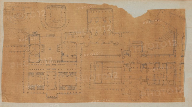Page from a Scrapbook containing Drawings and Several Prints of Architecture