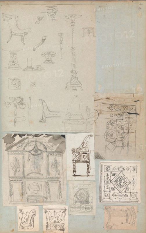 Page from a Scrapbook containing Drawings and Several Prints of Architecture
