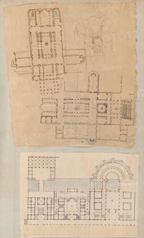 Page from a Scrapbook containing Drawings and Several Prints of Architecture