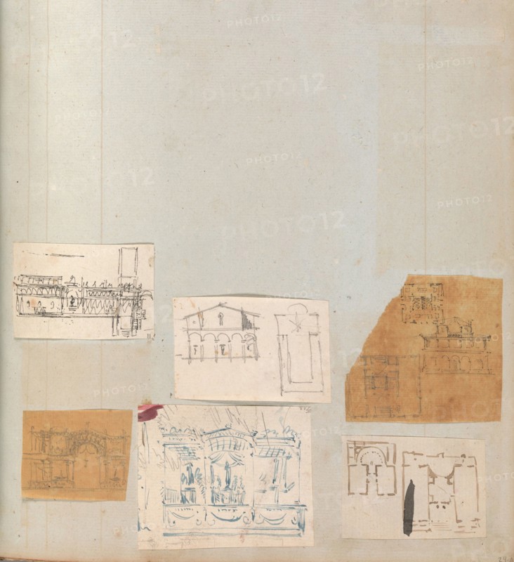 Page from a Scrapbook containing Drawings and Several Prints of Architecture
