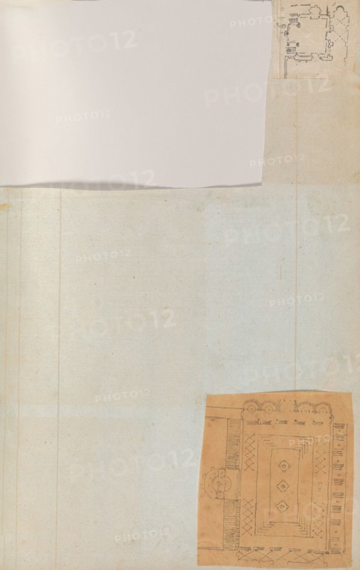 Page from a Scrapbook containing Drawings and Several Prints of Architecture