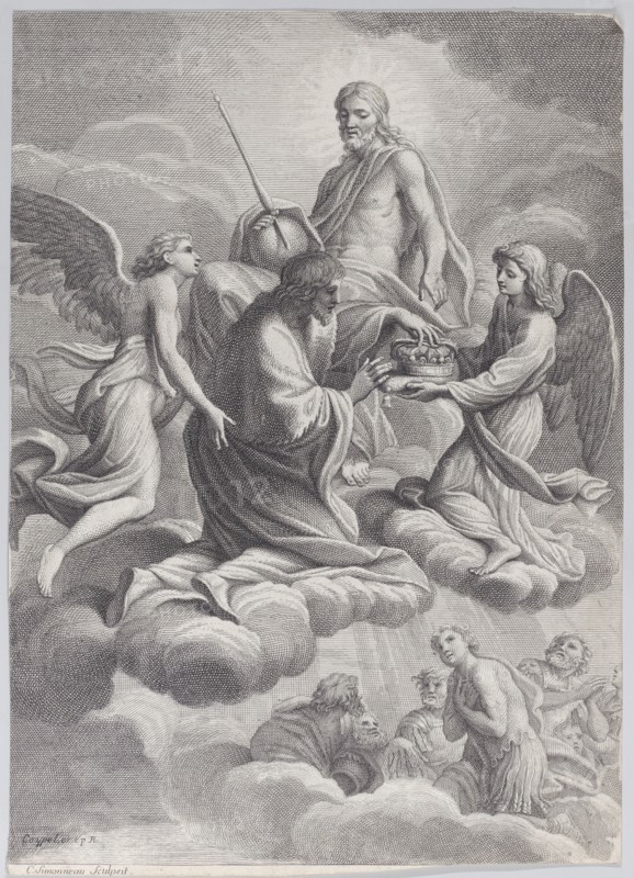 Saint Louis of France received into heaven by Christ and two angels who offer him the c...