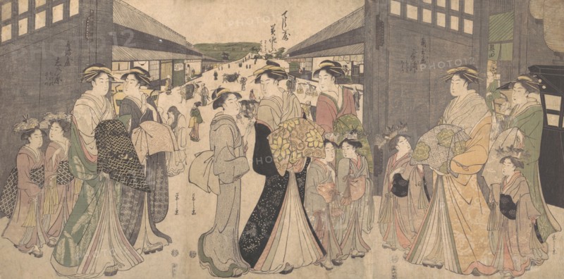 Oiran and Attendants at the O Mon or Great Gate of the Yoshiwara