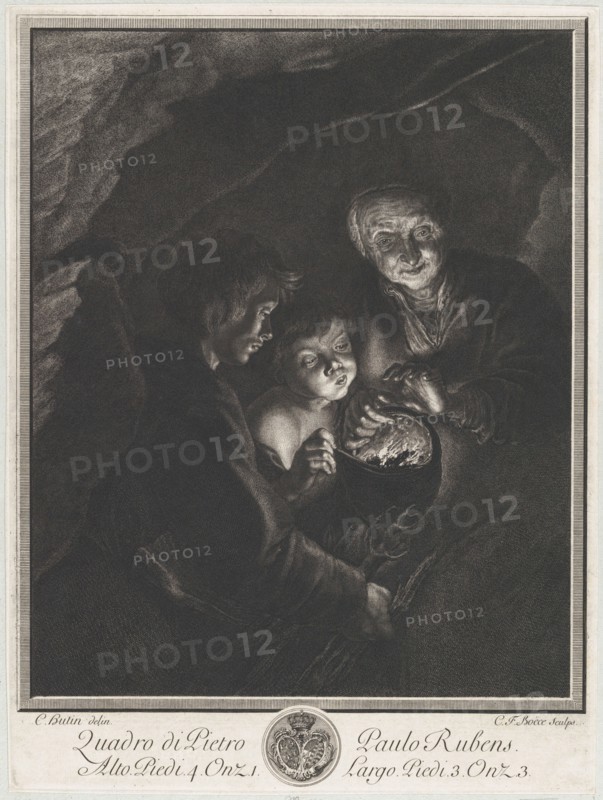 Night scene in a cave with an old woman holding burning coals in a pot