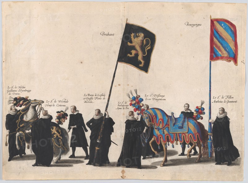 Plate 45: Men with heraldic flags and horses from the House of Brabant and Burgundy marchi...