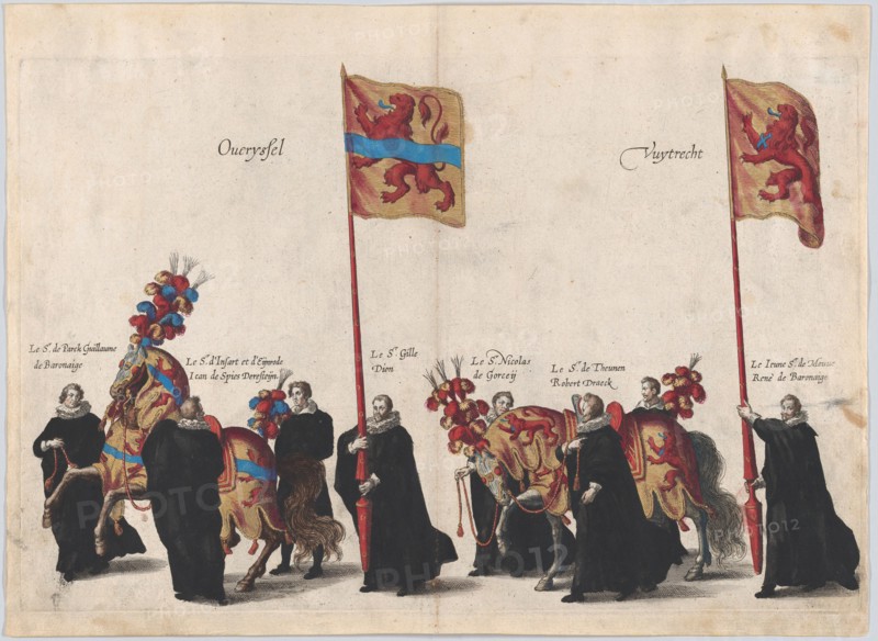 Plate 32: Men with heraldic flags and horses from Overijssel and Utrecht marching in the f...
